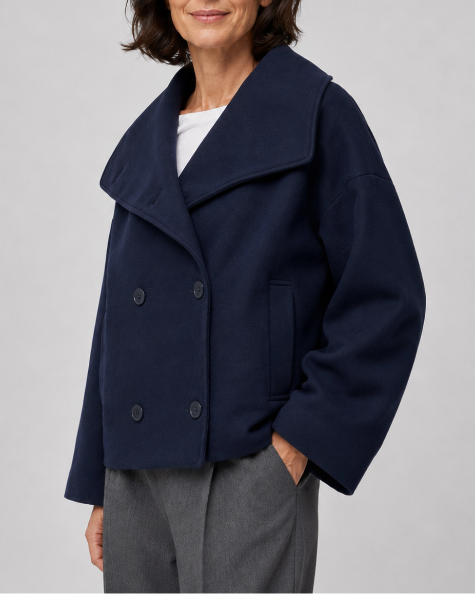 Women's Short Double Breasted Coat with Wide Lapel Collar