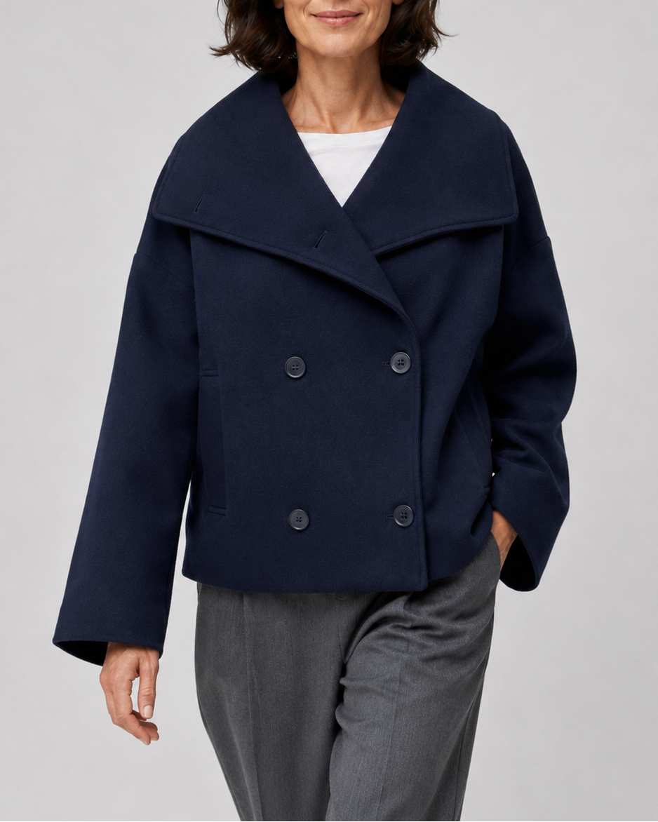 Women's Short Double Breasted Coat with Wide Lapel Collar