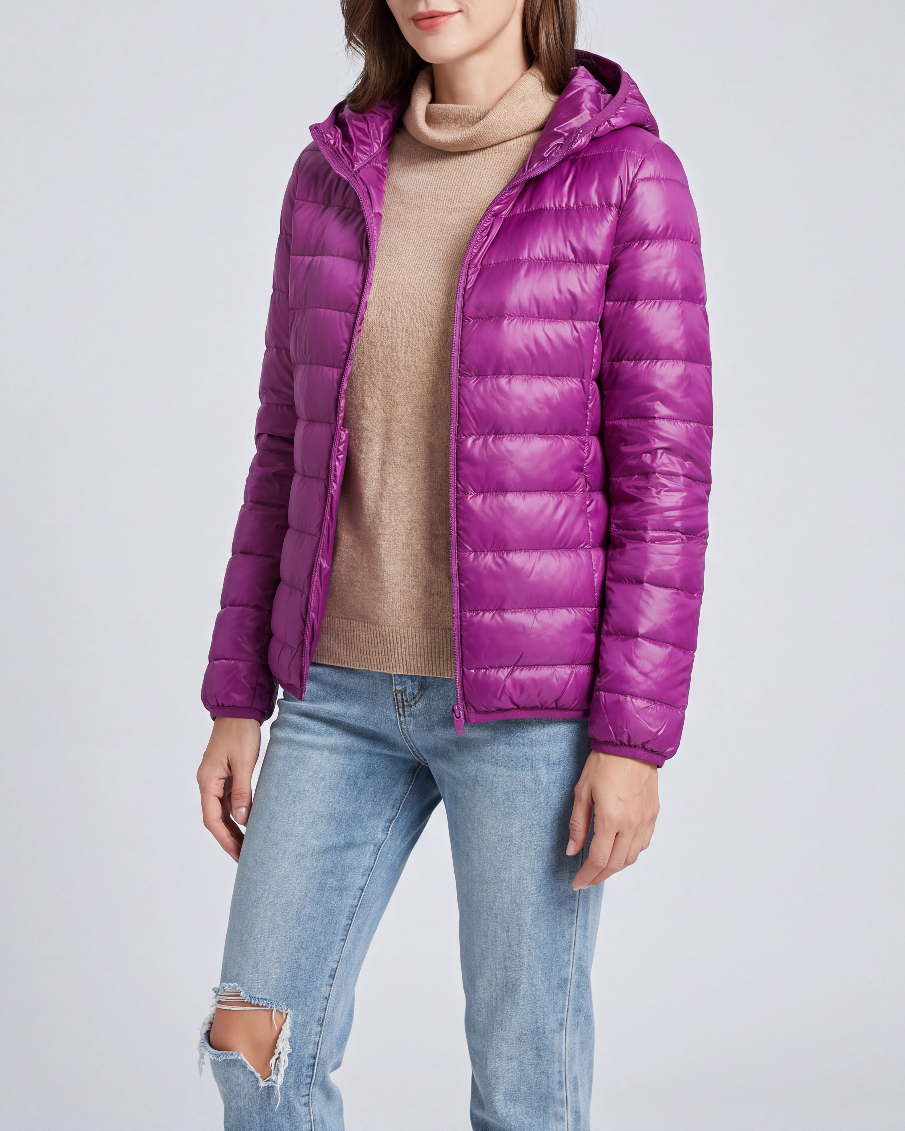 Women's Lightweight Hooded Zip Up Puffer Jacket