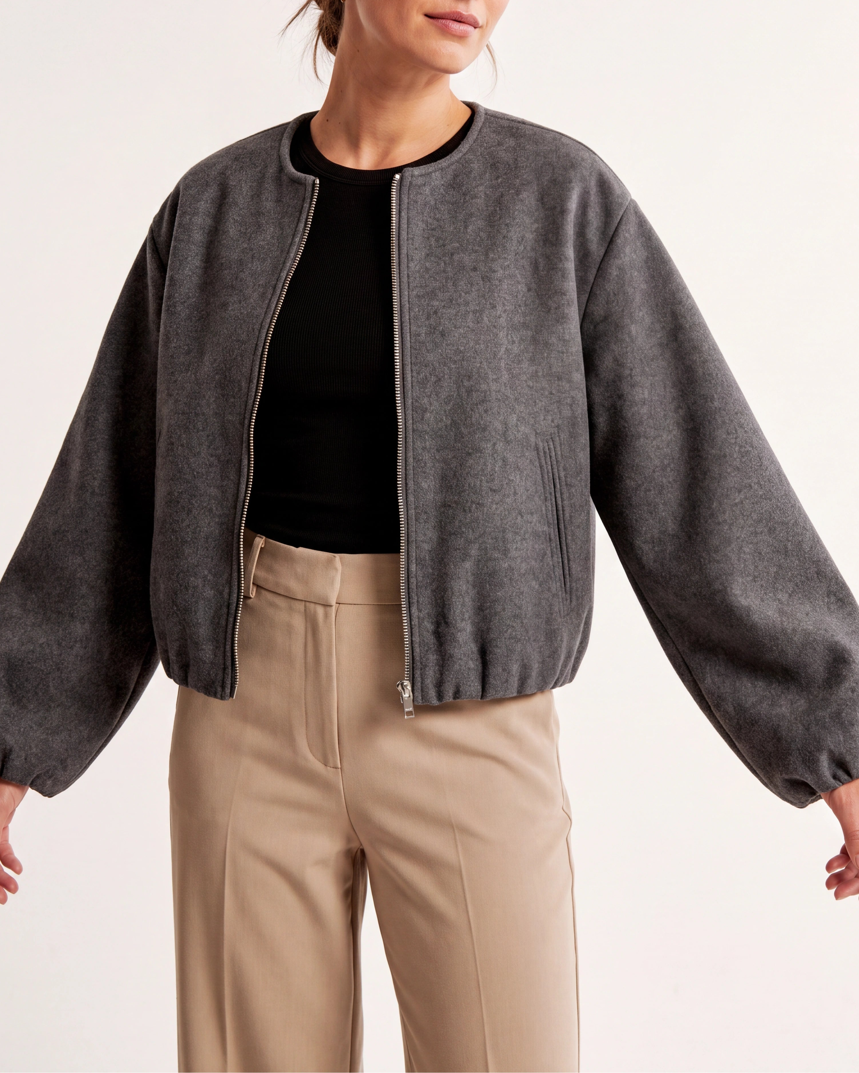 Women's Cropped Relaxed Fit Zip Up Bomber Jacket
