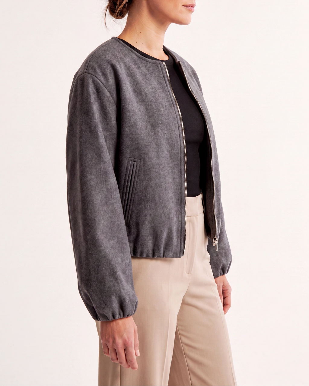 Women's Cropped Relaxed Fit Zip Up Bomber Jacket