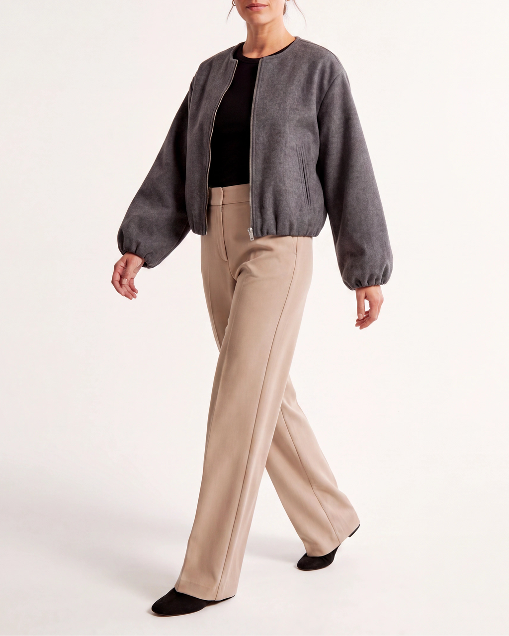 Women's Cropped Relaxed Fit Zip Up Bomber Jacket
