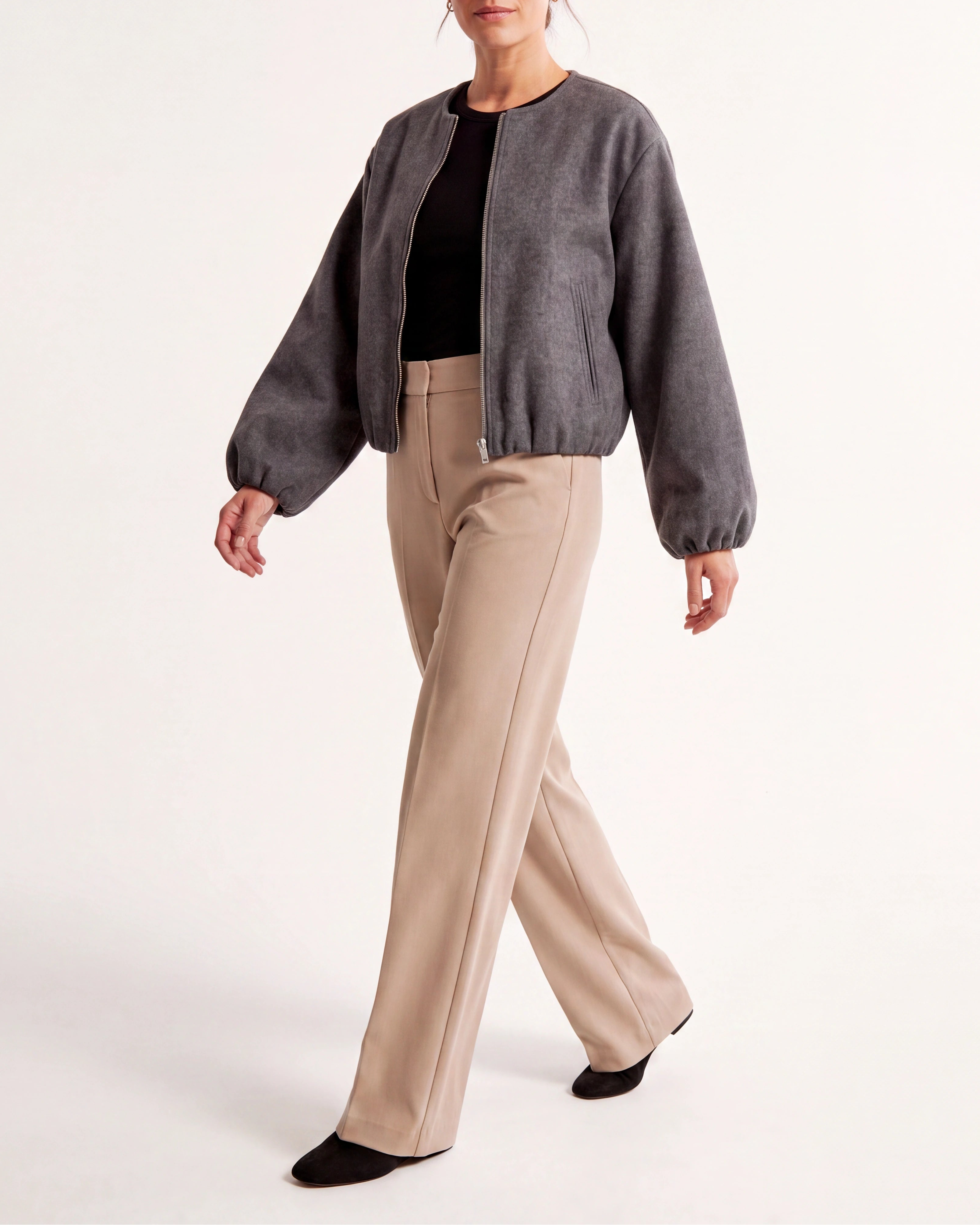 Women's Cropped Relaxed Fit Zip Up Bomber Jacket
