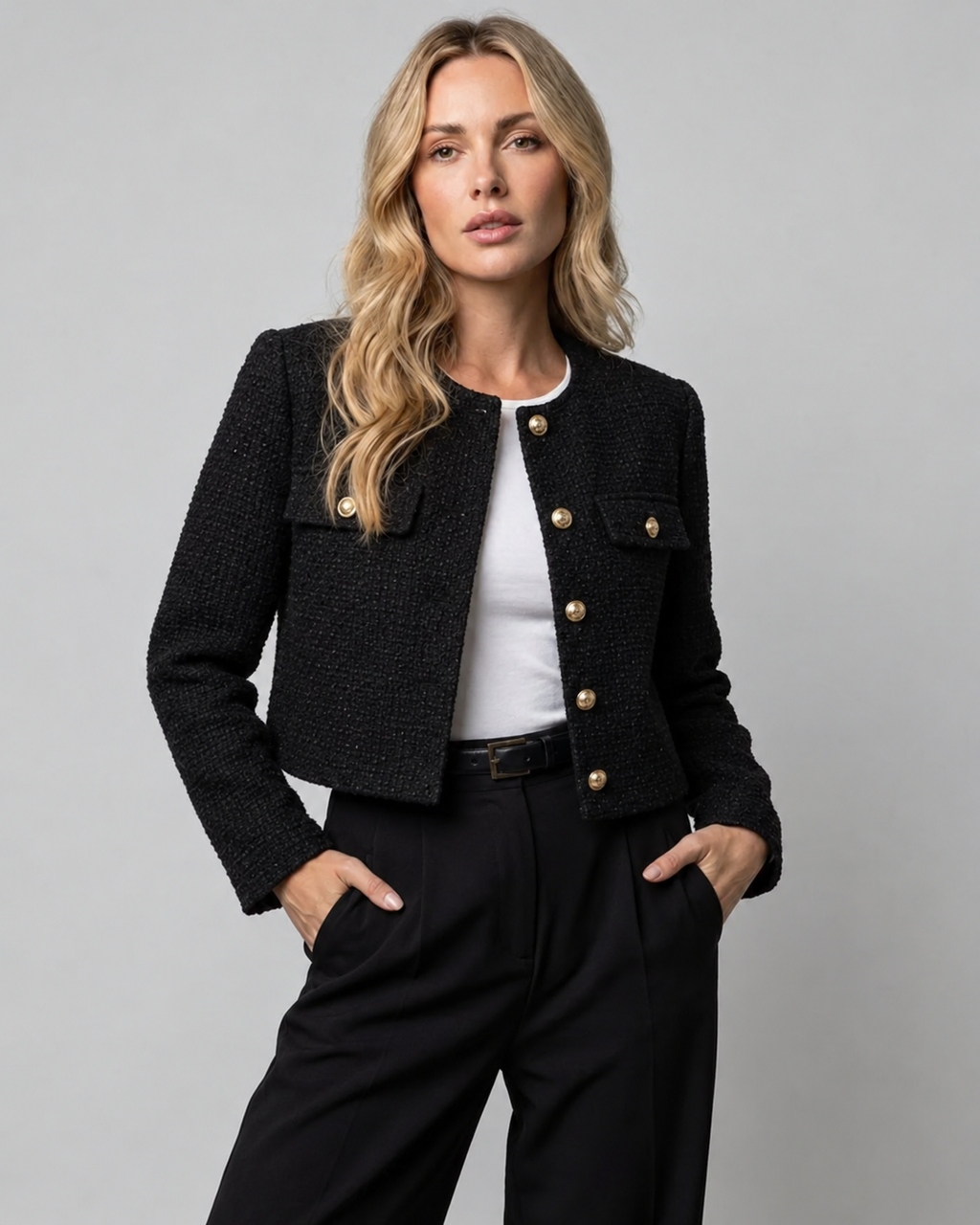 Women's Cropped Tweed Blazer with Collarless Neckline and Gold Buttons