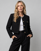 Women's Cropped Tweed Blazer with Collarless Neckline and Gold Buttons