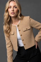 Women's Cropped Tweed Blazer with Collarless Neckline and Gold Buttons