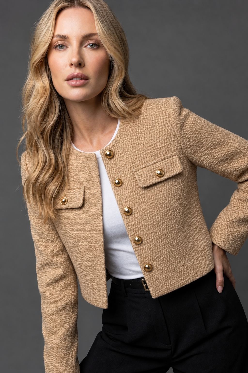 Women's Cropped Tweed Blazer with Collarless Neckline and Gold Buttons