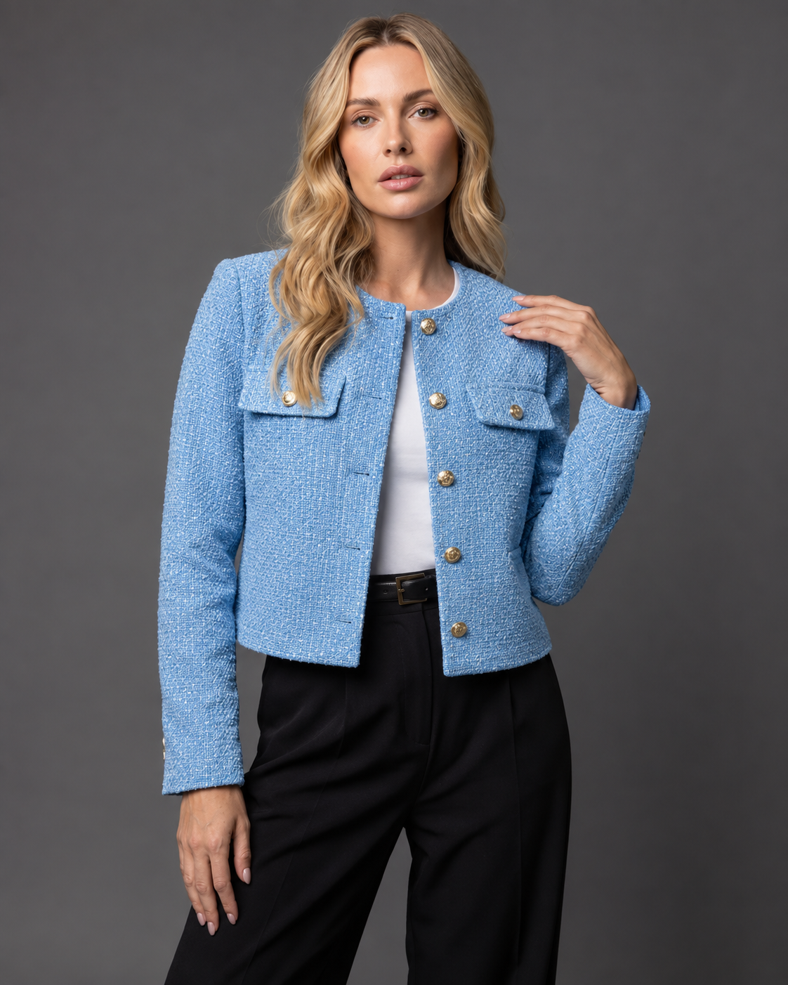 Women's Cropped Tweed Blazer with Collarless Neckline and Gold Buttons