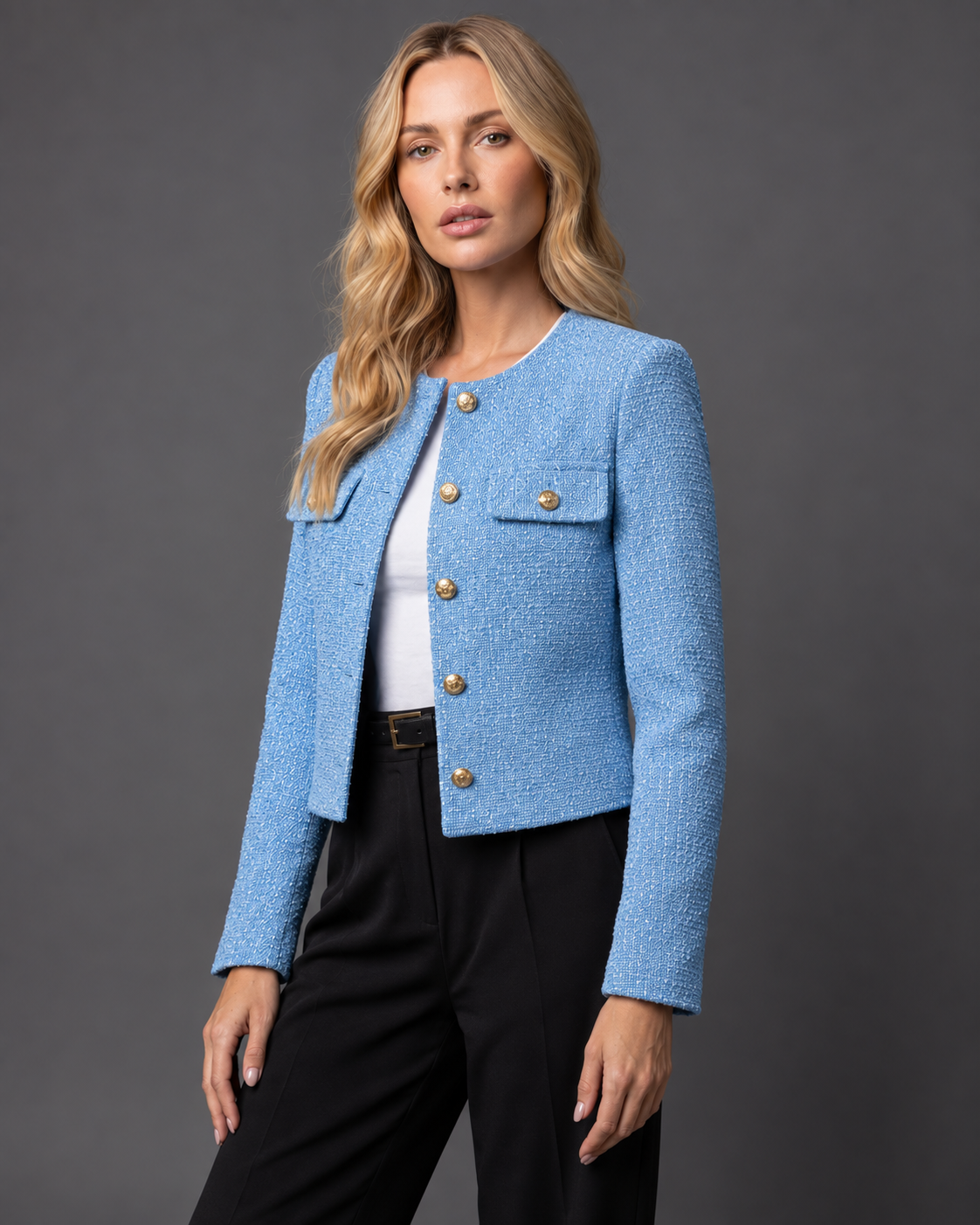 Women's Cropped Tweed Blazer with Collarless Neckline and Gold Buttons