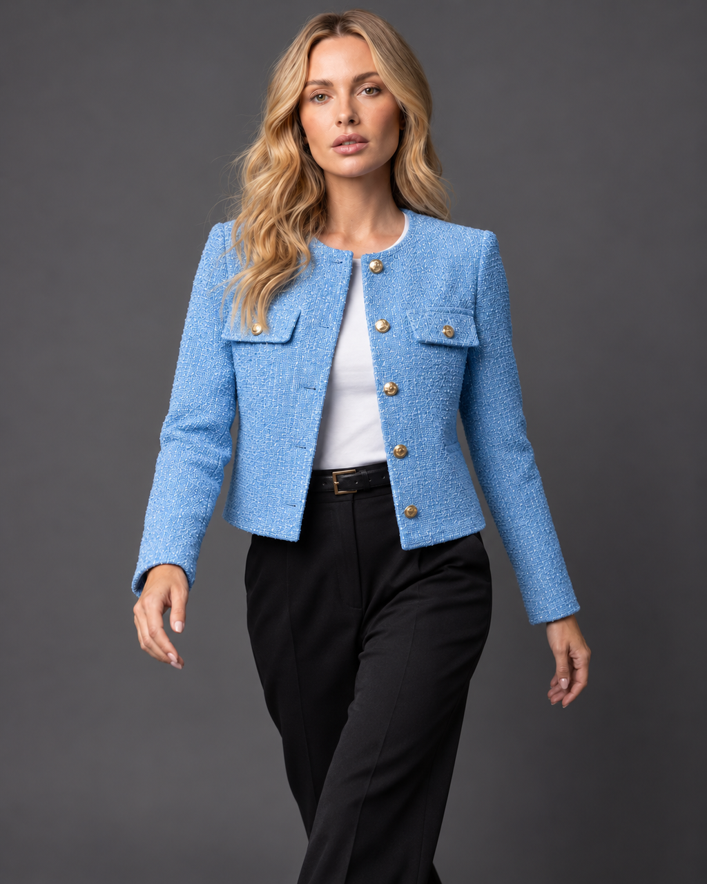 Women's Cropped Tweed Blazer with Collarless Neckline and Gold Buttons