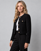 Women's Cropped Tweed Blazer with Collarless Neckline and Gold Buttons
