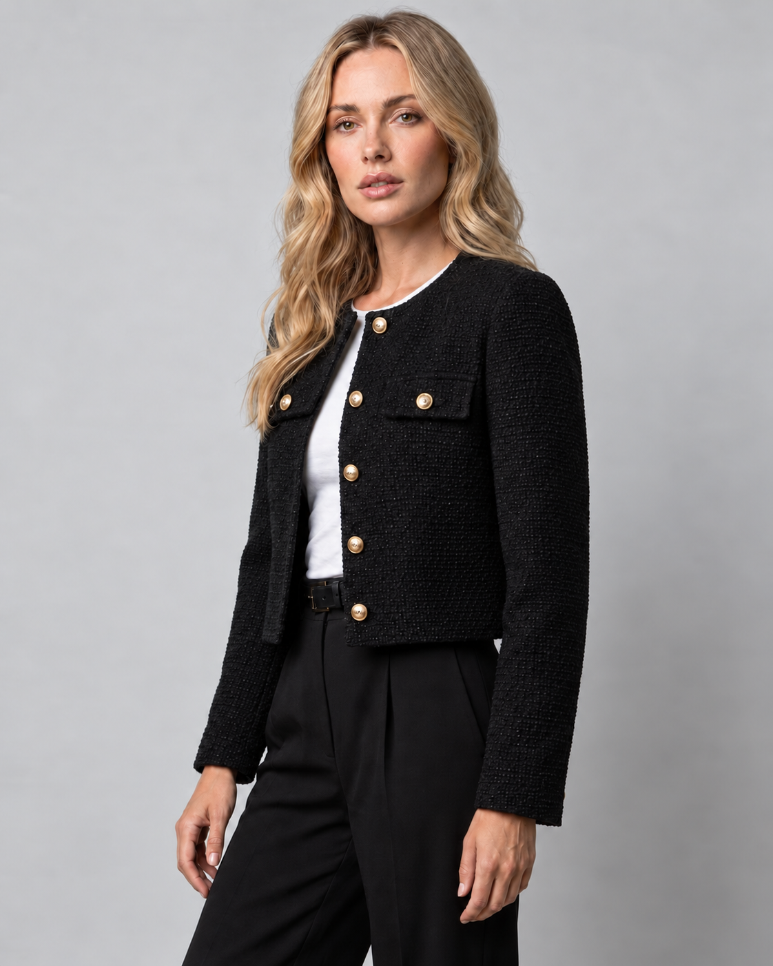 Women's Cropped Tweed Blazer with Collarless Neckline and Gold Buttons