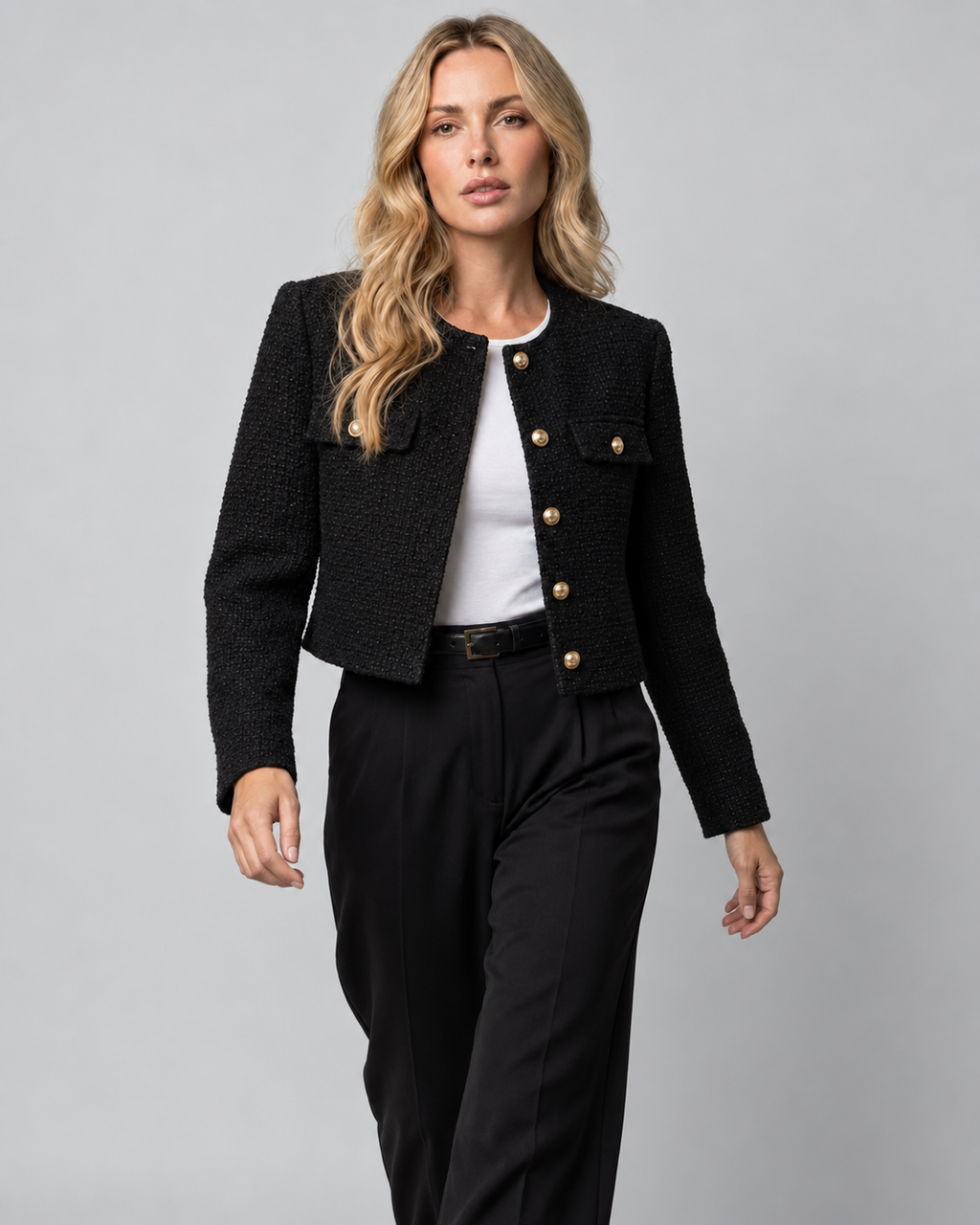 Women's Cropped Tweed Blazer with Collarless Neckline and Gold Buttons