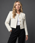 Women's Cropped Tweed Blazer with Collarless Neckline and Gold Buttons
