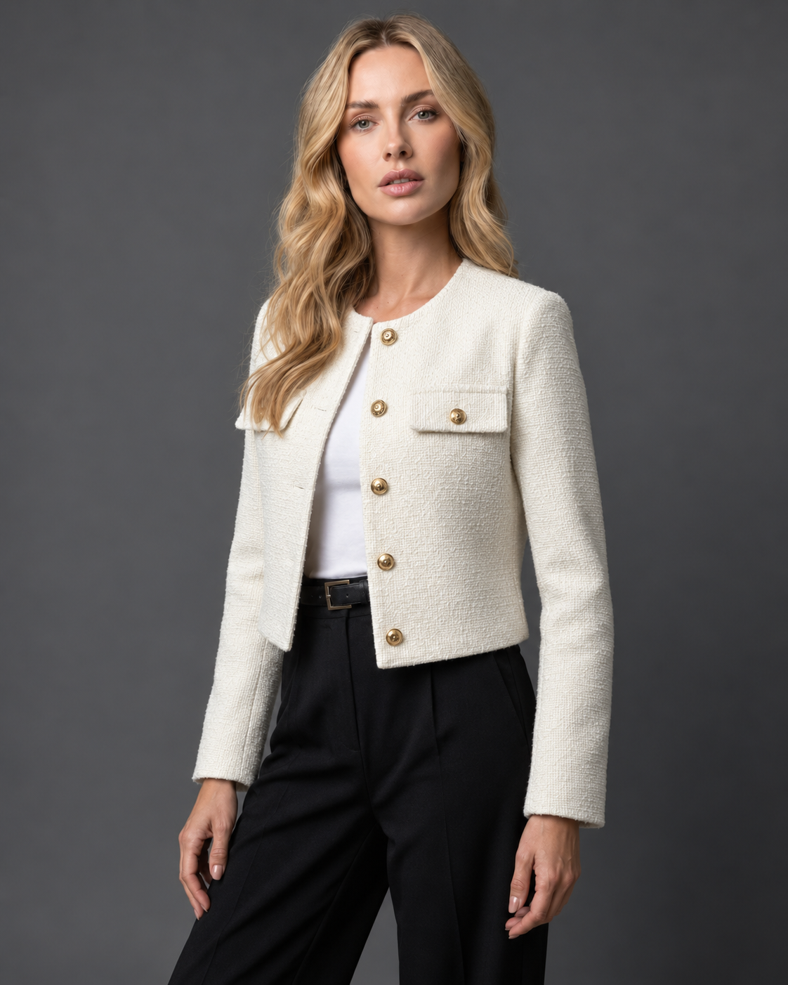 Women's Cropped Tweed Blazer with Collarless Neckline and Gold Buttons