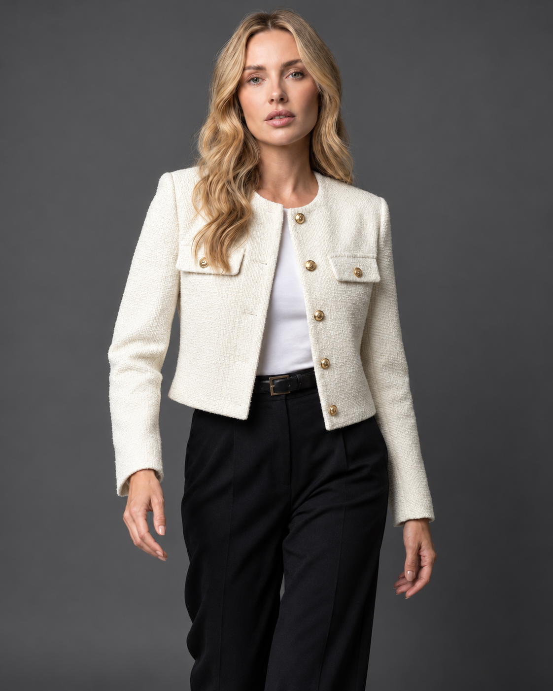 Women's Cropped Tweed Blazer with Collarless Neckline and Gold Buttons