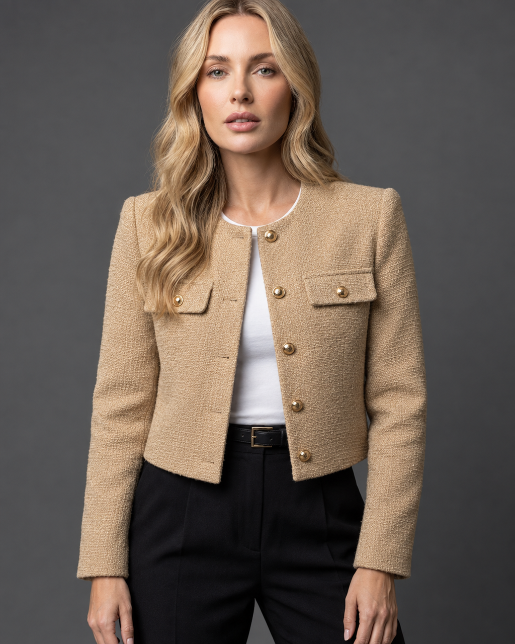 Women's Cropped Tweed Blazer with Collarless Neckline and Gold Buttons