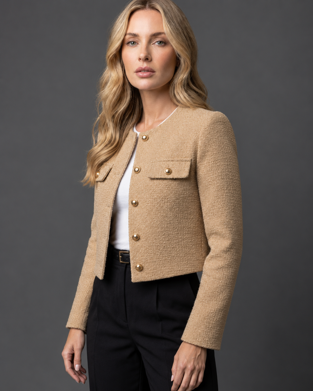 Women's Cropped Tweed Blazer with Collarless Neckline and Gold Buttons