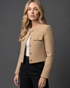 Women's Cropped Tweed Blazer with Collarless Neckline and Gold Buttons