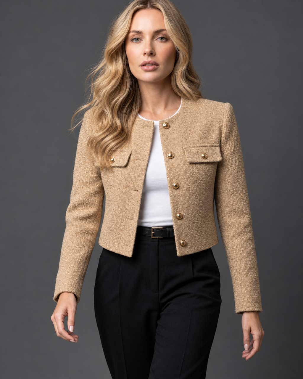 Women's Cropped Tweed Blazer with Collarless Neckline and Gold Buttons