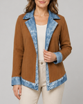 Women's Contrast Trim Collared Button Front Ribbed Knit Jacket