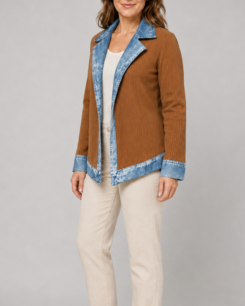 Women's Contrast Trim Collared Button Front Ribbed Knit Jacket