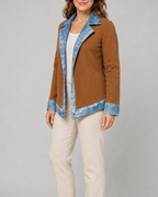 Women's Contrast Trim Collared Button Front Ribbed Knit Jacket