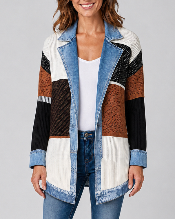 Women's Contrast Trim Collared Button Front Ribbed Knit Jacket