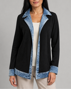 Women's Contrast Trim Collared Button Front Ribbed Knit Jacket