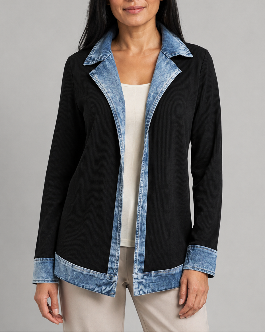 Women's Contrast Trim Collared Button Front Ribbed Knit Jacket