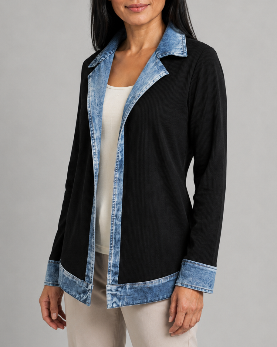Women's Contrast Trim Collared Button Front Ribbed Knit Jacket