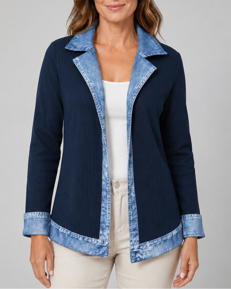 Women's Contrast Trim Collared Button Front Ribbed Knit Jacket