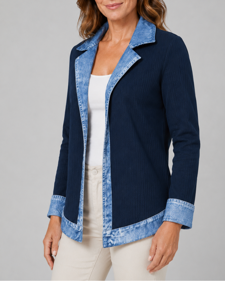 Women's Contrast Trim Collared Button Front Ribbed Knit Jacket