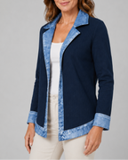 Women's Contrast Trim Collared Button Front Ribbed Knit Jacket