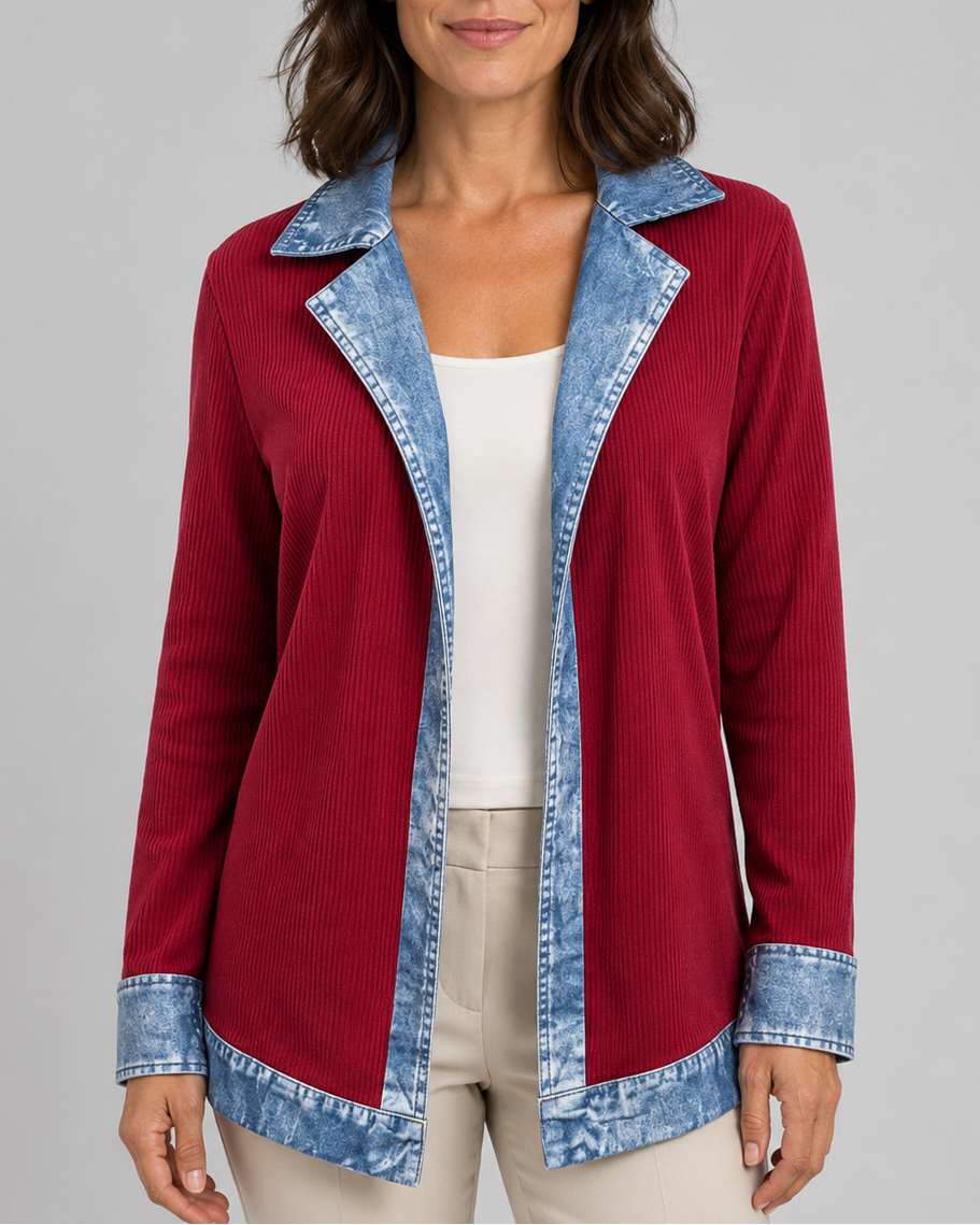 Women's Contrast Trim Collared Button Front Ribbed Knit Jacket