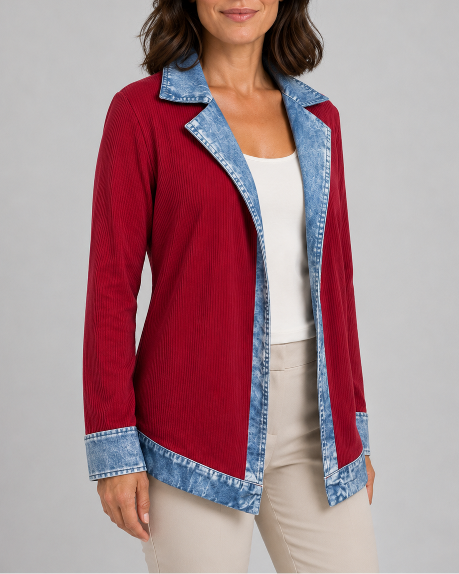 Women's Contrast Trim Collared Button Front Ribbed Knit Jacket