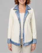Women's Contrast Trim Collared Button Front Ribbed Knit Jacket