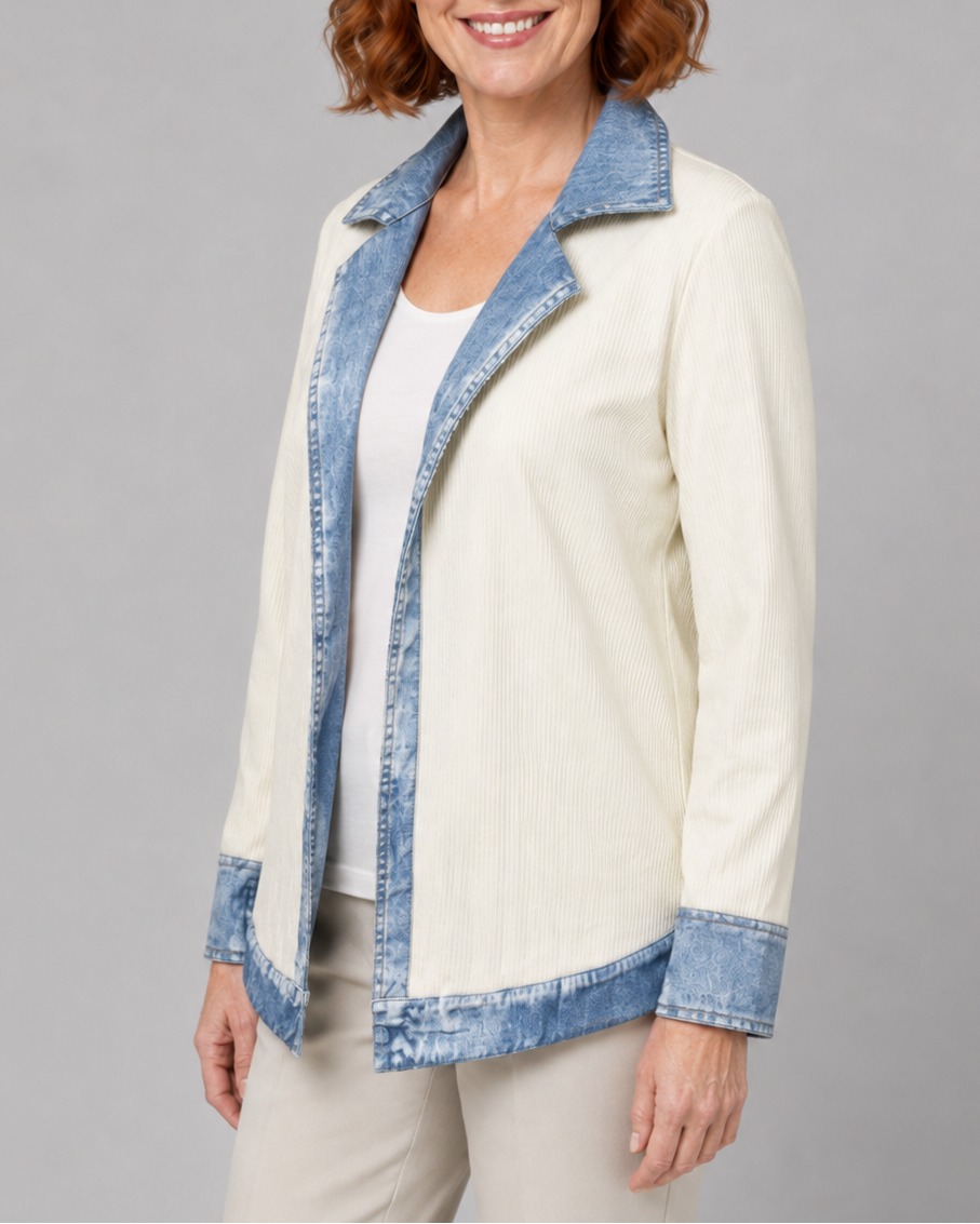 Women's Contrast Trim Collared Button Front Ribbed Knit Jacket