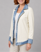 Women's Contrast Trim Collared Button Front Ribbed Knit Jacket