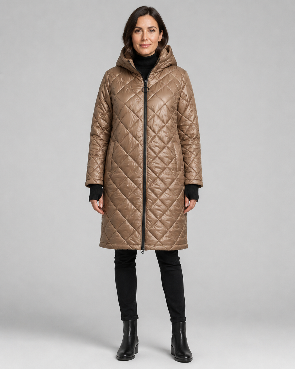 Women's Longline Diamond Quilted Hooded Coat with Zip Front