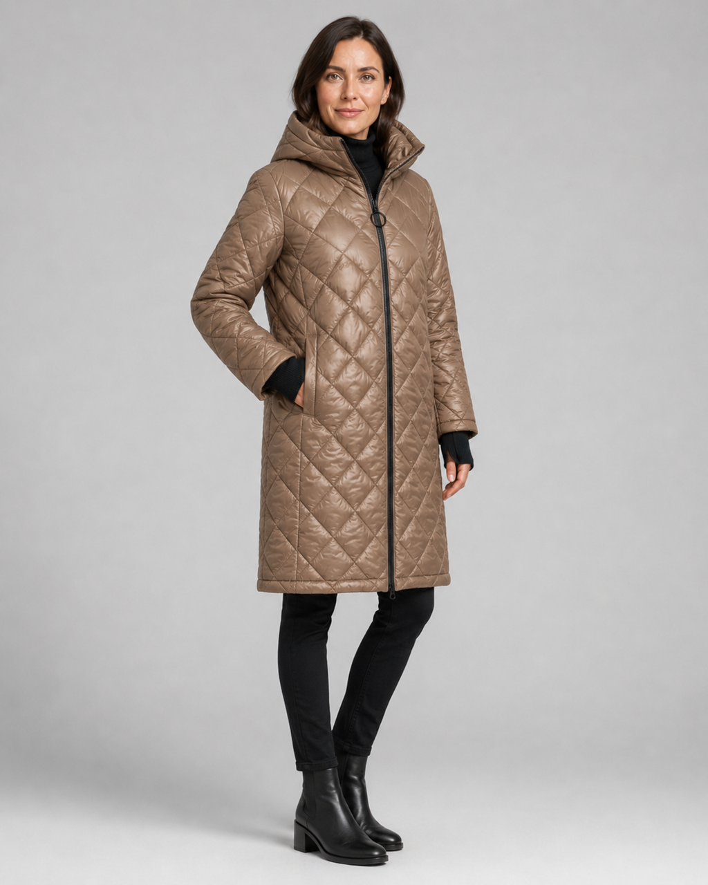 Women's Longline Diamond Quilted Hooded Coat with Zip Front