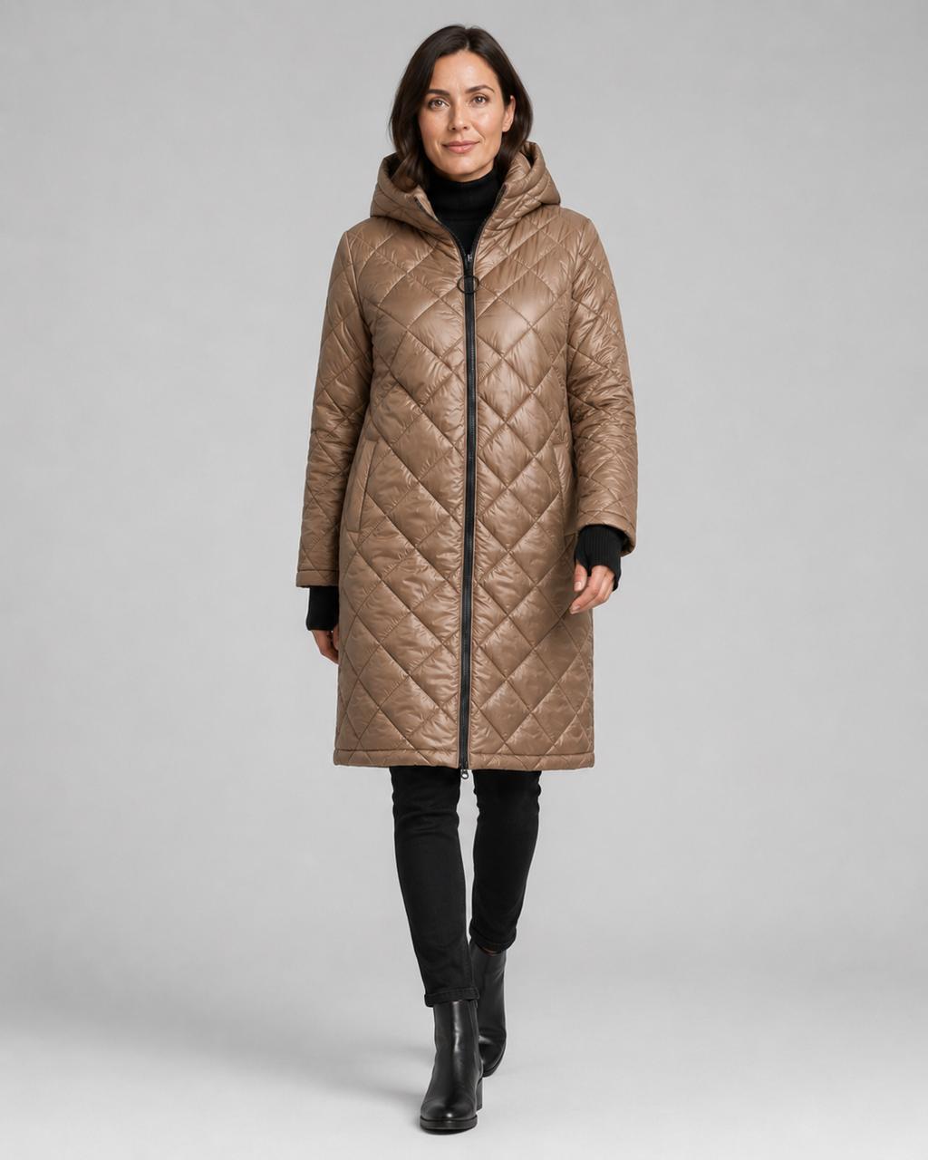 Women's Longline Diamond Quilted Hooded Coat with Zip Front