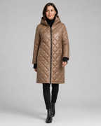 Women's Longline Diamond Quilted Hooded Coat with Zip Front
