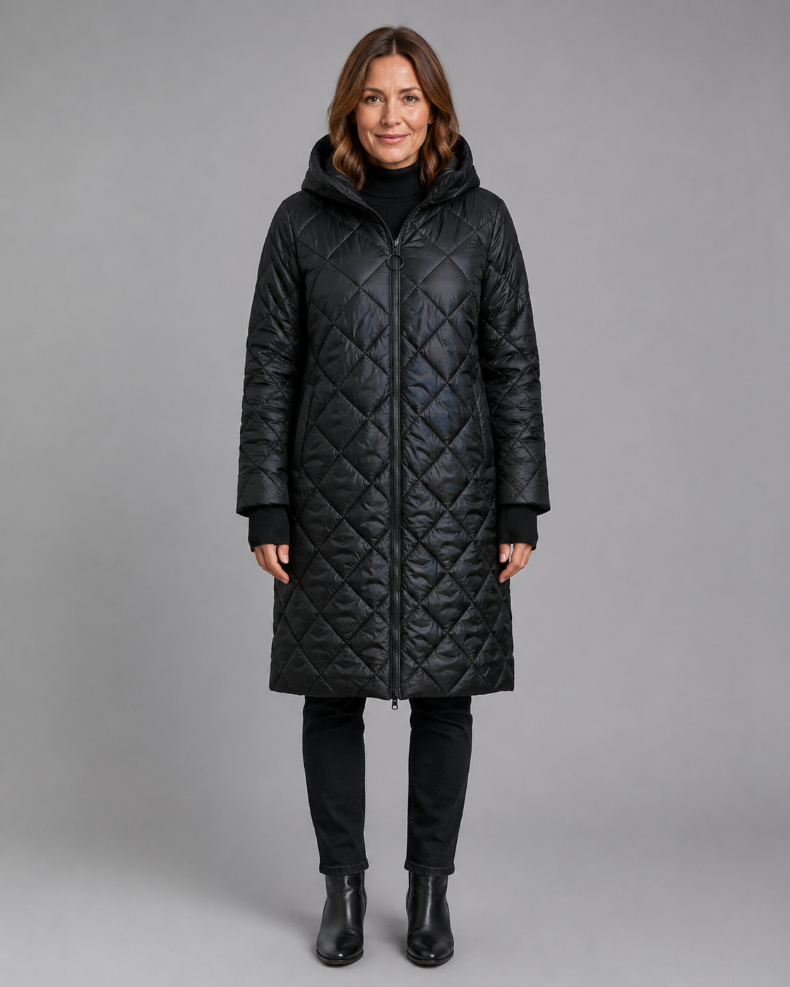 Women's Longline Diamond Quilted Hooded Coat with Zip Front