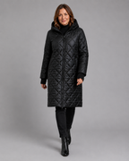 Women's Longline Diamond Quilted Hooded Coat with Zip Front