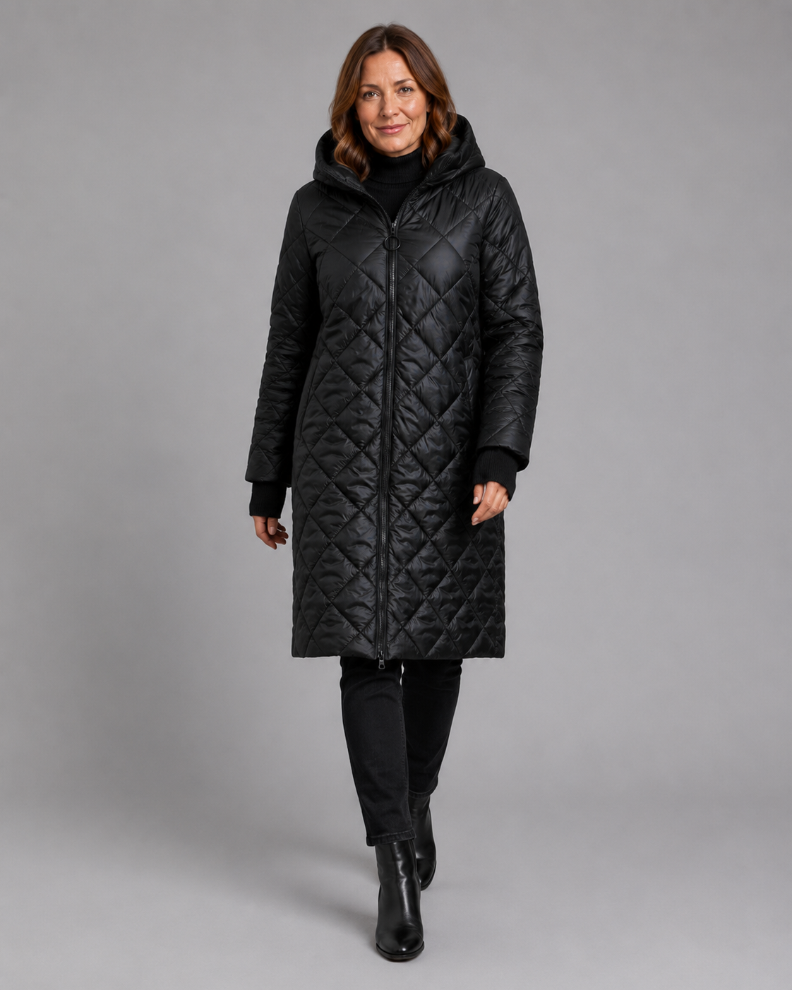 Women's Longline Diamond Quilted Hooded Coat with Zip Front