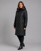 Women's Longline Diamond Quilted Hooded Coat with Zip Front