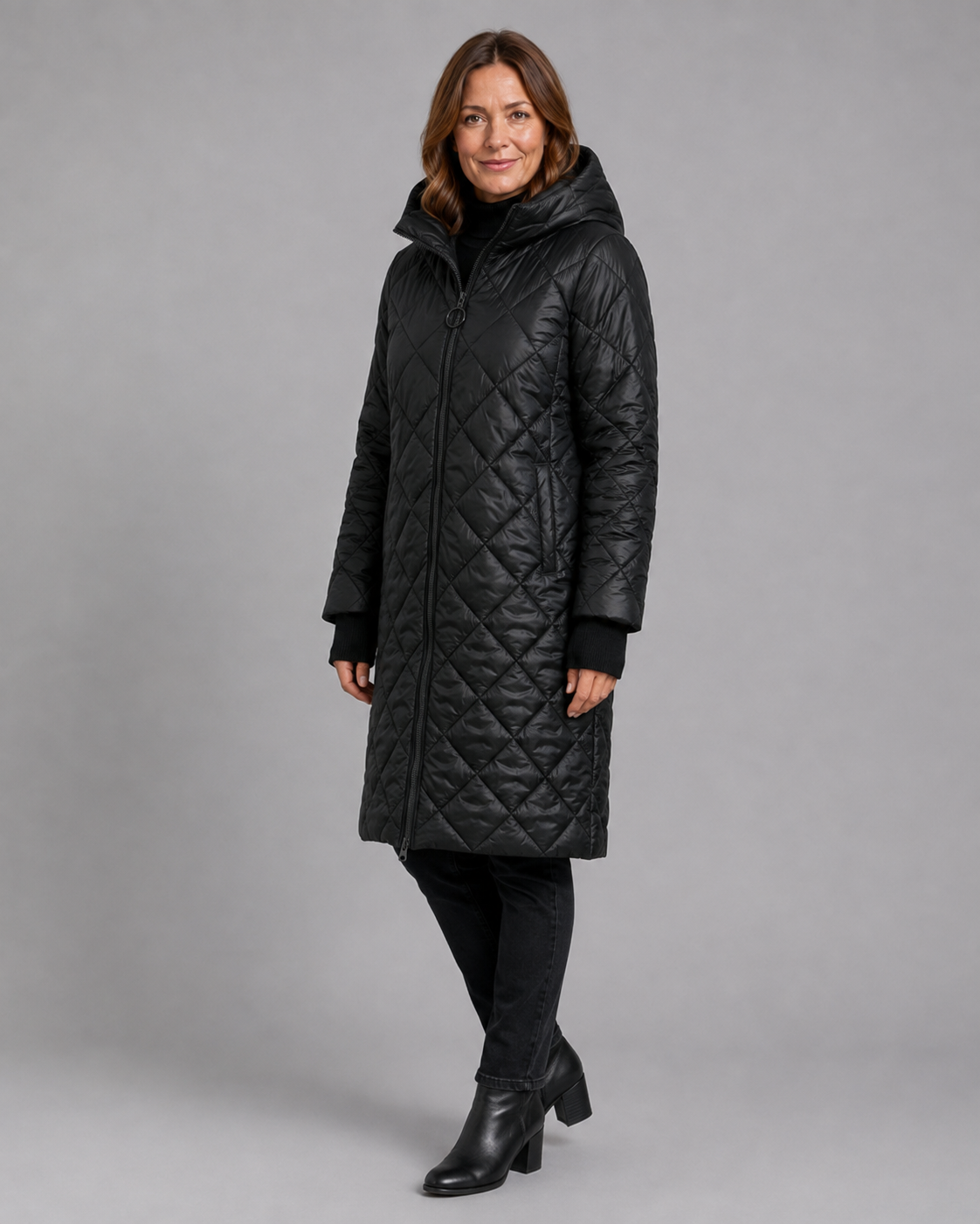 Women's Longline Diamond Quilted Hooded Coat with Zip Front