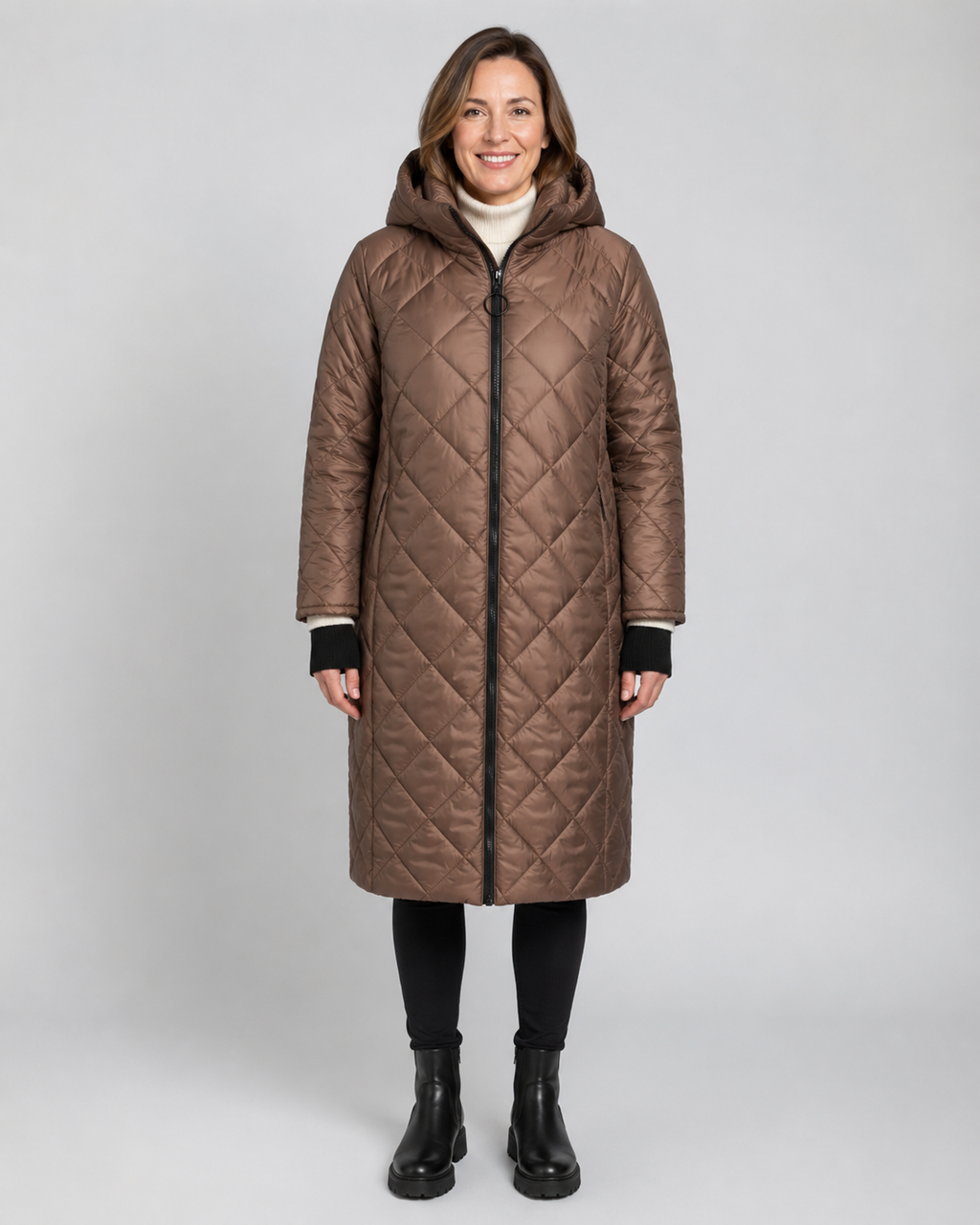 Women's Longline Diamond Quilted Hooded Coat with Zip Front