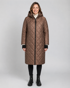 Women's Longline Diamond Quilted Hooded Coat with Zip Front